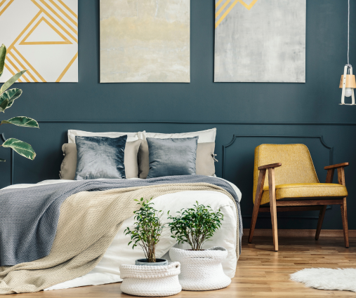 Warm layered bedroom interior design in Yorkshire for women seeking calm and restoration