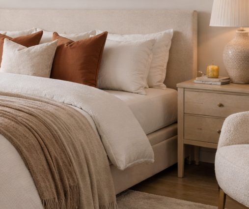 Luxury bedroom design in Harrogate with soft lighting, warm tones and restorative styling