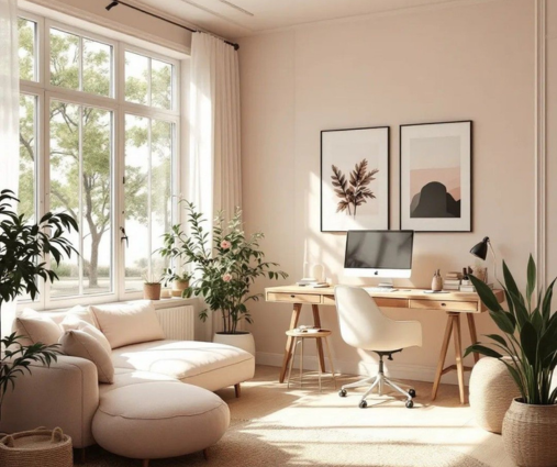 Home office interior design for women founders with natural light and calm styling