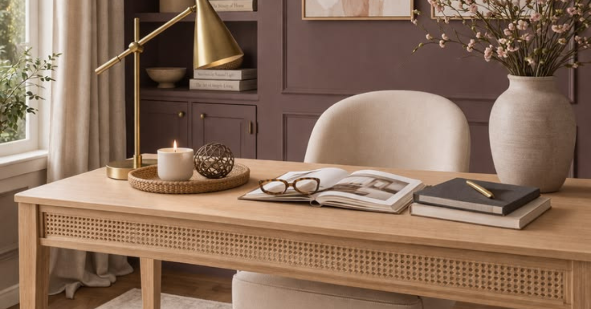 “Home office interior design for women founders with warm tones and natural light”